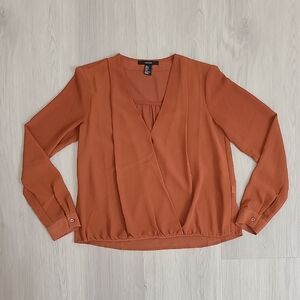 Forever 21 Brown Orange Rust V-Neck Wrap Blouse Small Long Sleeve Sheer Casual